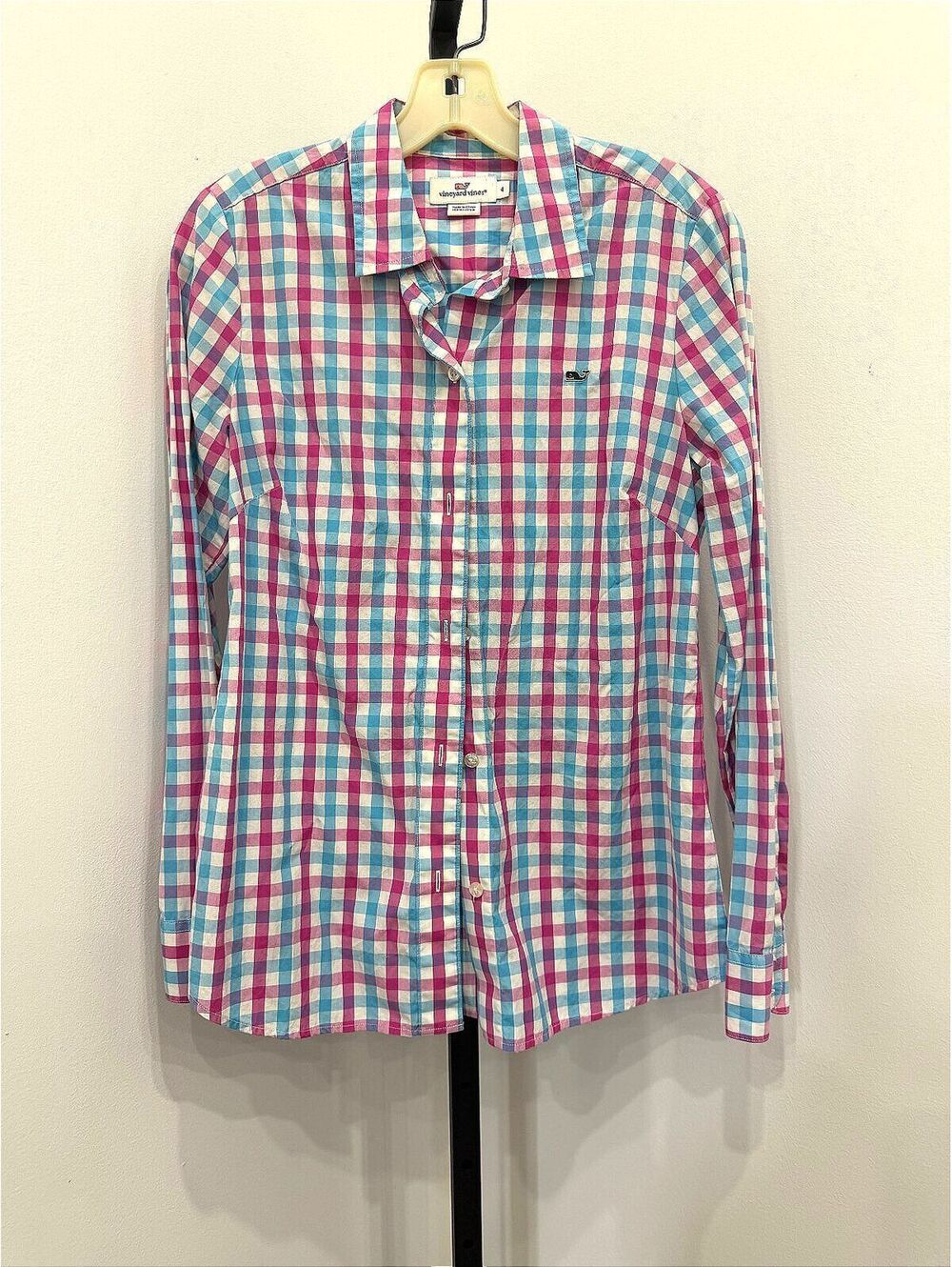 Vineyard Vines Women's Button-Up Shirt Size 4 Pink Blue Checkered Cotton